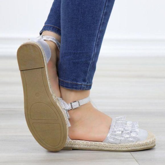 Cutest Sparkly Silver Espadrille Ruffle Sandals - Picture 3 of 10
